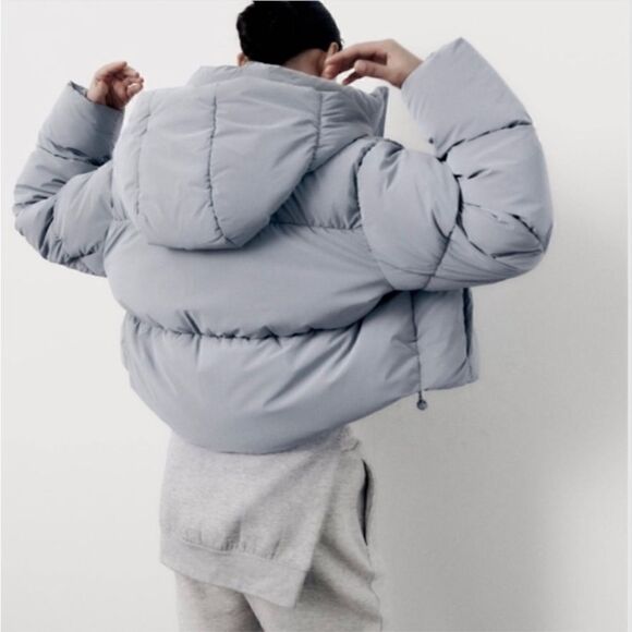 Zara Anorak Gray Puffer Water Repellent Cropped Size XS - Picture 2 of 9